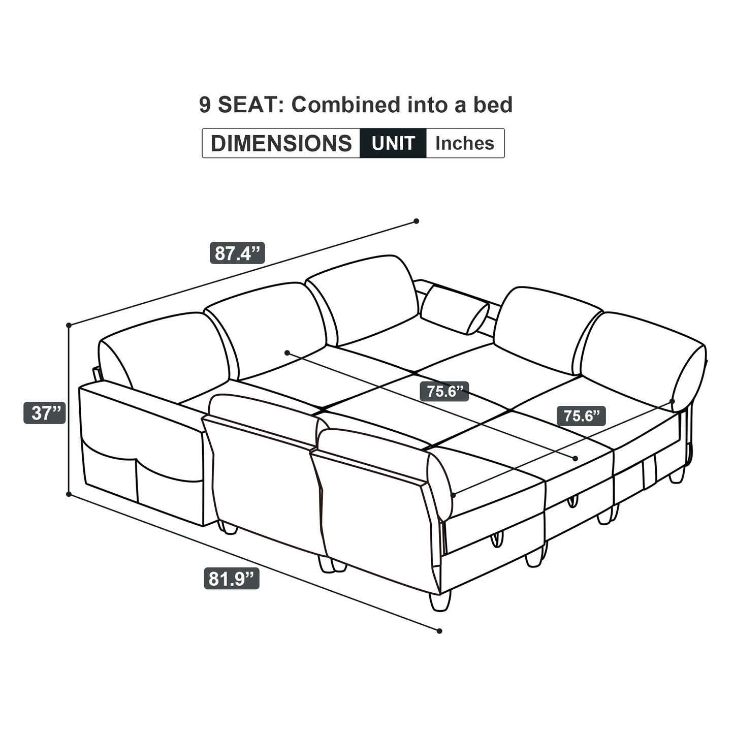 9 Seat Modular Sofa Set with Convertible King Sofa Bed, Storage Sectional Couch, Navy Blue Corduroy Velvet