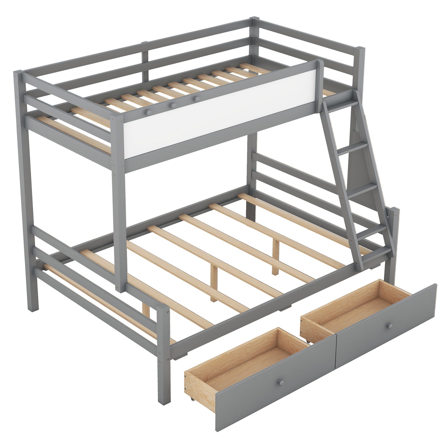 Grey Wood Twin over Full Bunk Bed with Whiteboard, 3 Hooks, and 2 Drawers - Innovative Storage Solution Twin over Full Bunk Bed