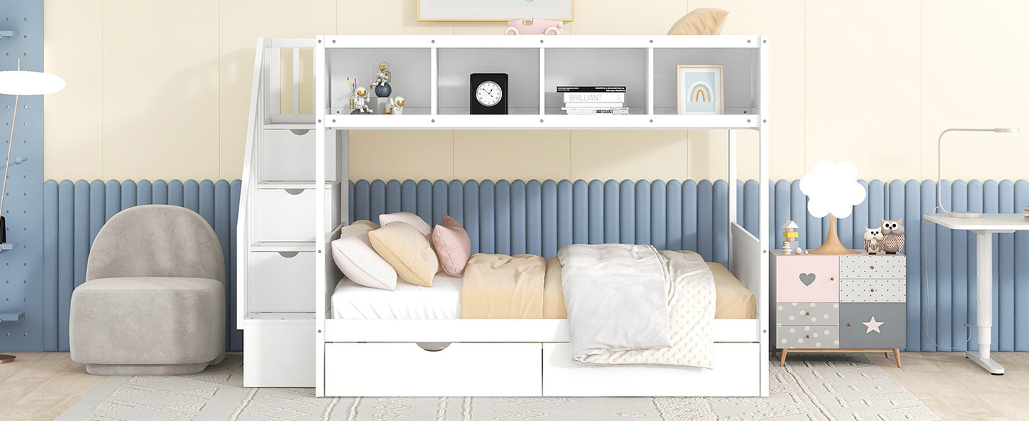 Versatile White Bunk Bed with Shelves, Storage Staircase, and Drawers