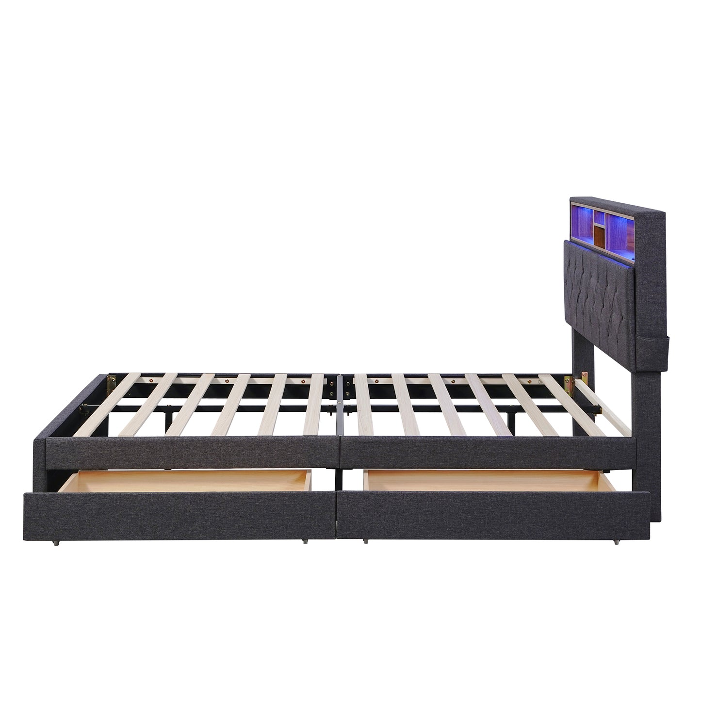 Full Size Upholstered Platform Bed with Storage Headboard, LED, USB Charging and 2 Drawers, Dark Gray