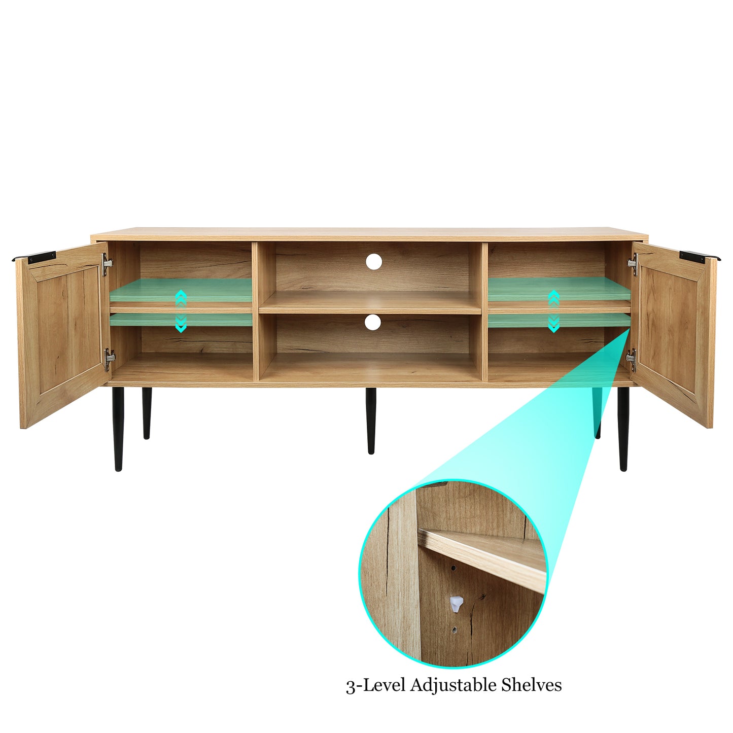 Rattan-Doored Wooden TV Stand with Open Shelves for TVs up to 65 Inches