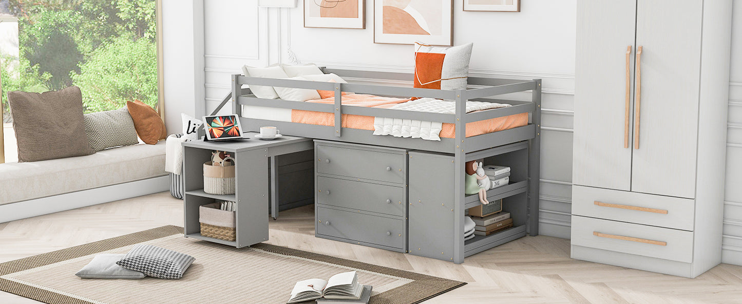 Twin Size Loft Bed with Retractable Writing Desk and 3 Drawers, Wooden Loft Bed with Storage Stairs and Shelves, Gray