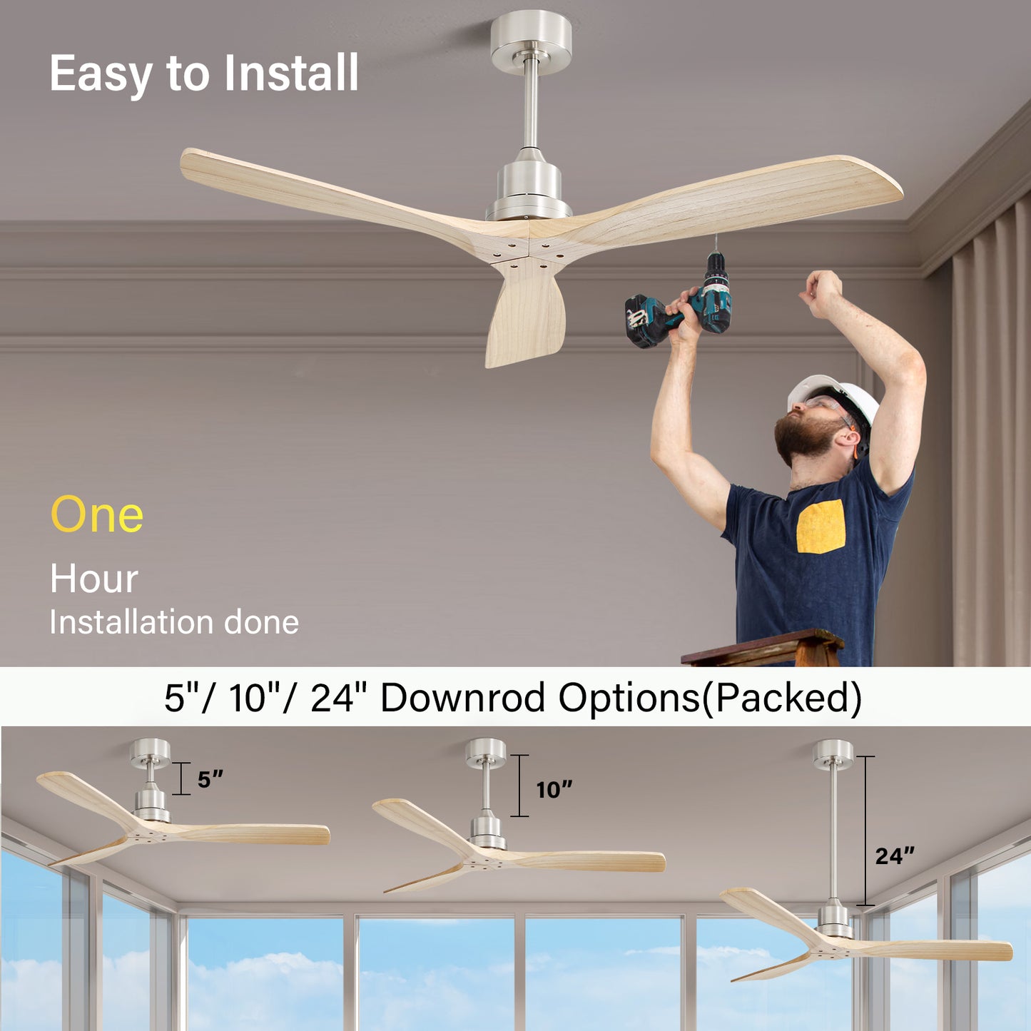 52 Inch Farmhouse Ceiling Fan with Remote and Reversible Wood Blades