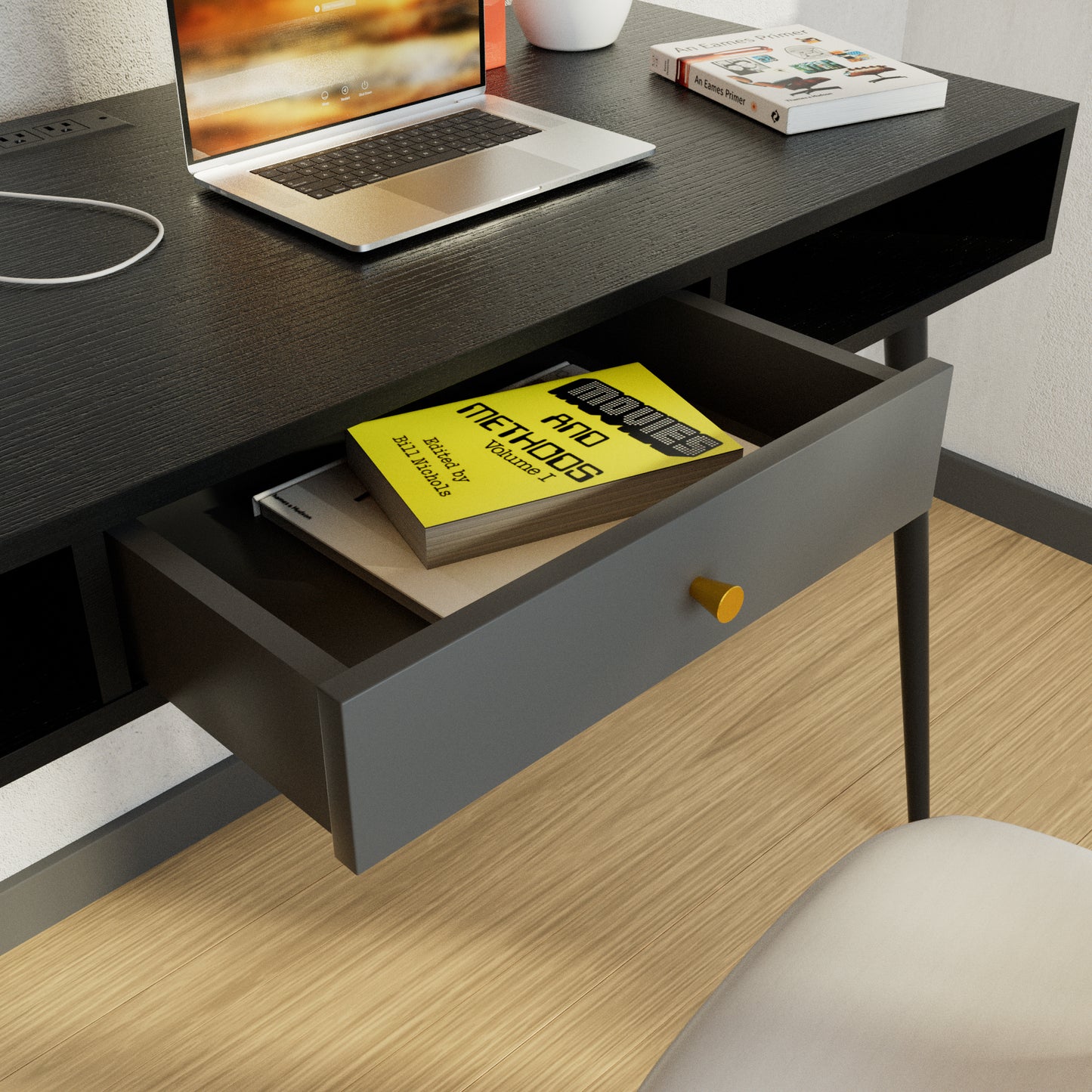 Sleek Black Mid Century Desk with USB Ports, Power Outlet, and Drawers