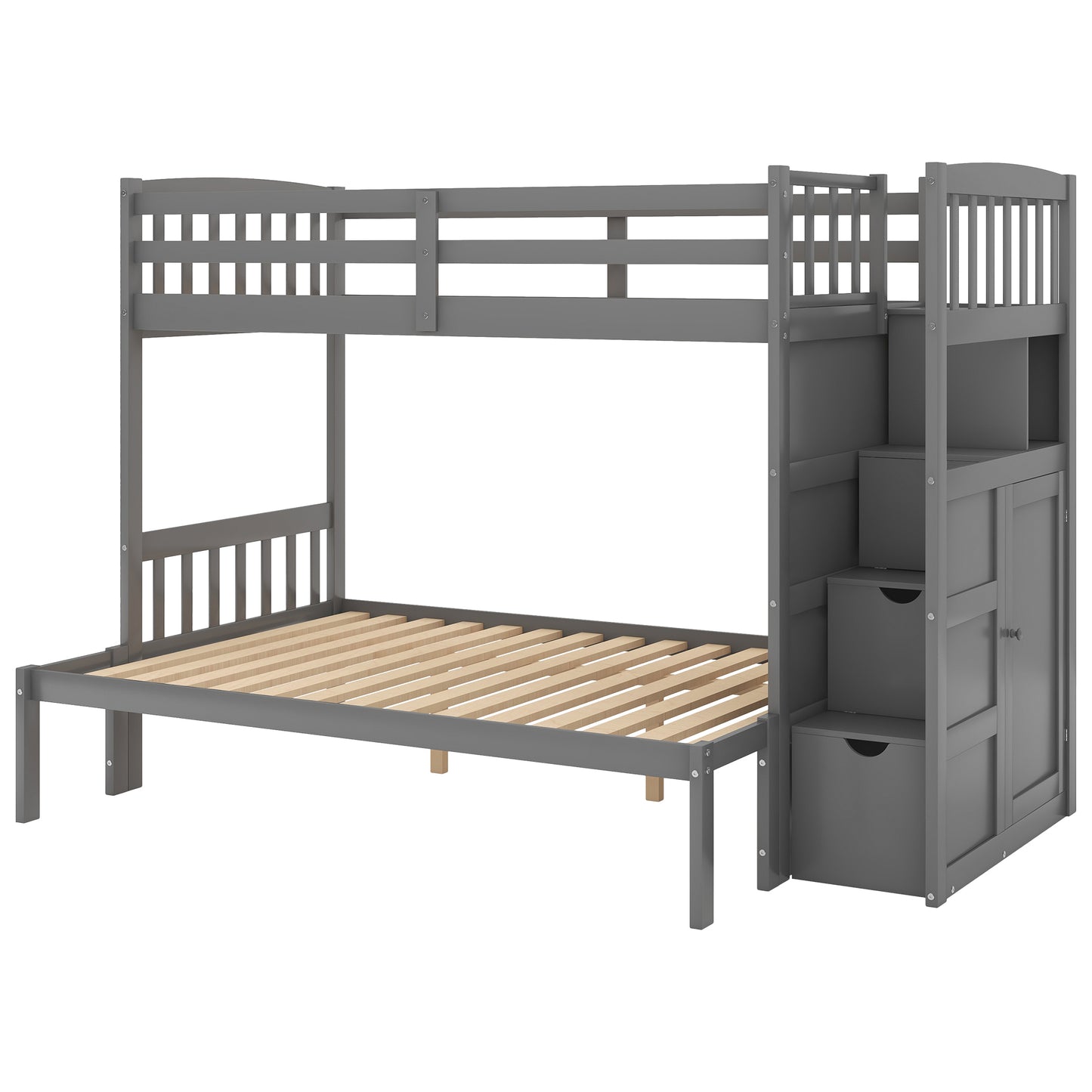 Storage Solution Gray Twin over Full Bunk Bed with Shelves and Drawers