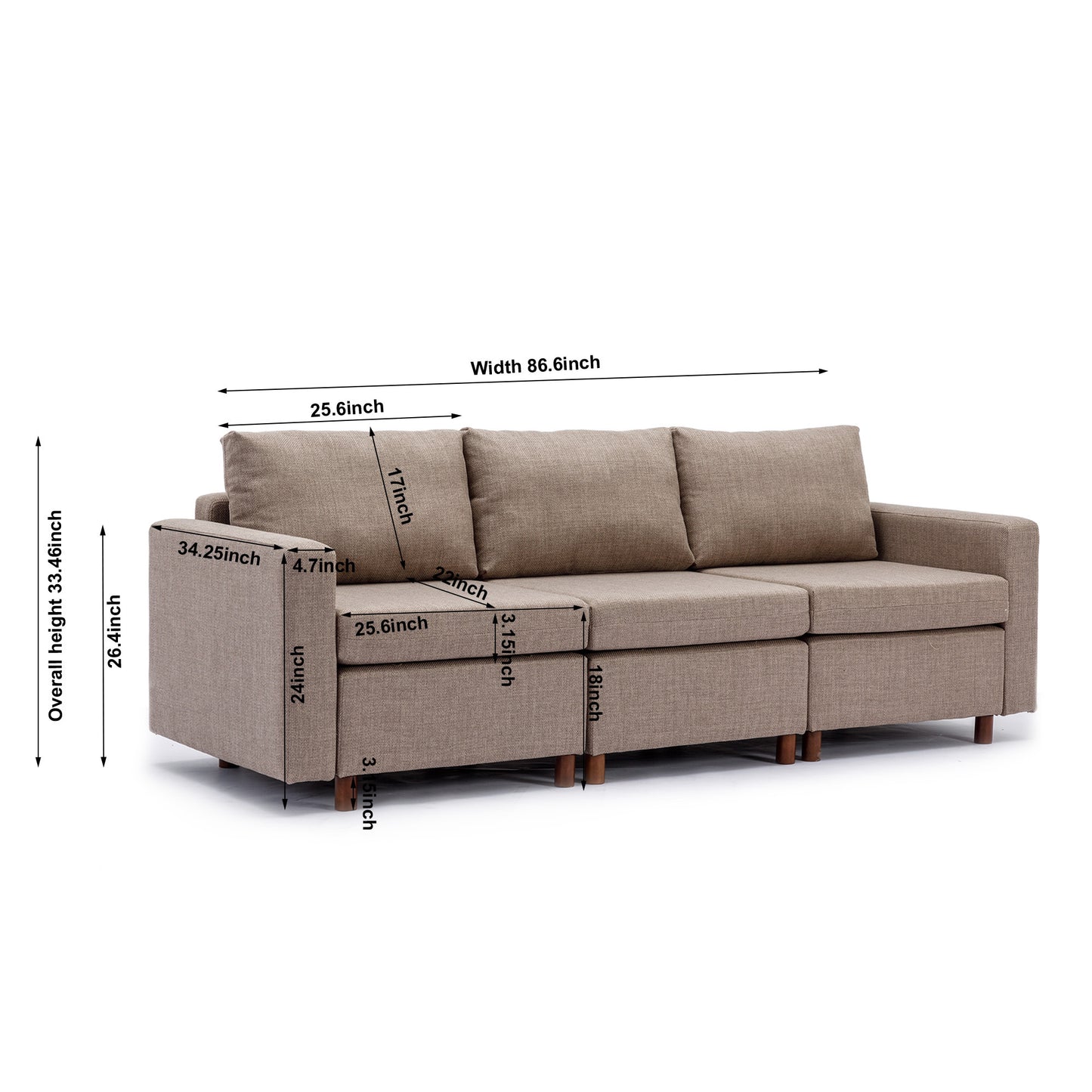 3-Seat Modular Sectional Sofa Set with Ottoman, High-Quality Linen Fabric, Brown