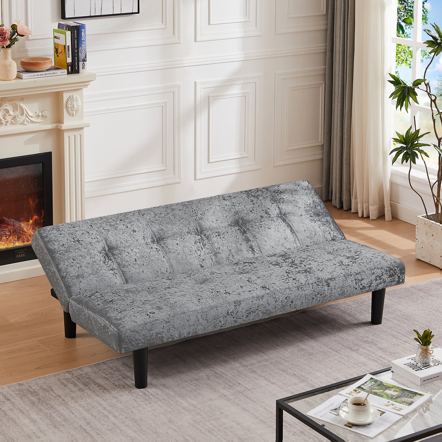 Modern sofa bed in iced velour, multi-position adjustable sofa bed, plastic feet