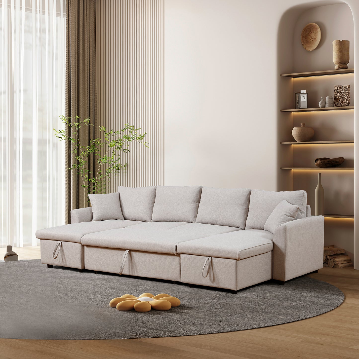 Artemax U-Shape Pull-out Sleeper Sectional Sofa with Double Storage Spaces ,BEIGE