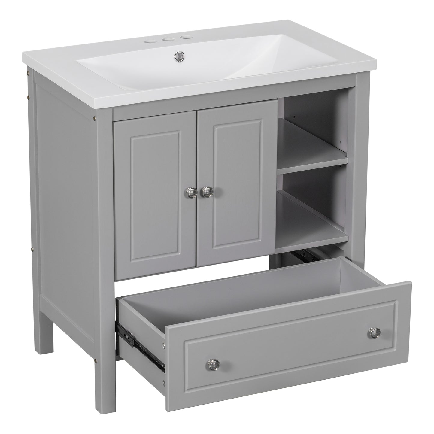 30" Bathroom Vanity with Sink, Bathroom Storage Cabinet with Doors and Drawers, Solid Wood Frame, Ceramic Sink, Grey