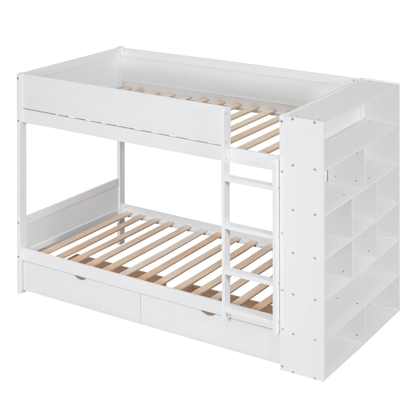 White Bunk Bed with Storage Drawers and Cabinet for Twin Size