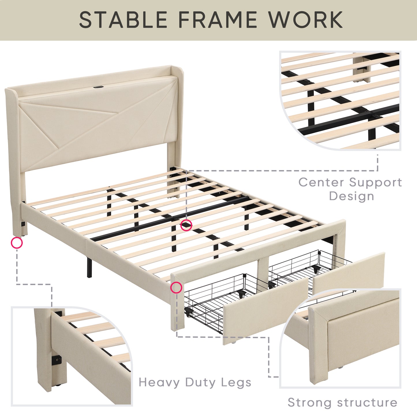 Full Size Bed Frame with 2 Storage Drawers, Upholstered Bed Frame with Wingback Headboard Storage Shelf Built-in USB Charging Stations and Strong Wood Slats Support, No Box Spring Needed, Beige