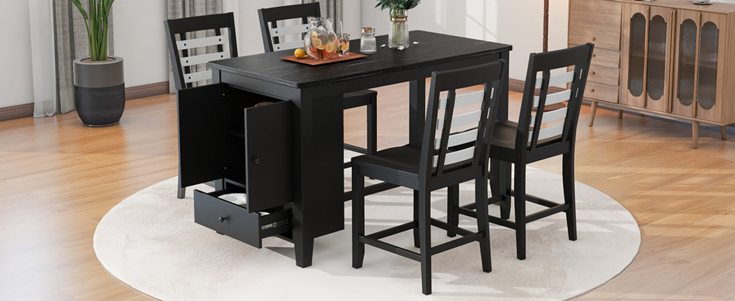 Counter Height 5-piece Dining Table Set with Faux Marble Tabletop, Solid Wood Table Set with Storage Cabinet and Drawer, Black