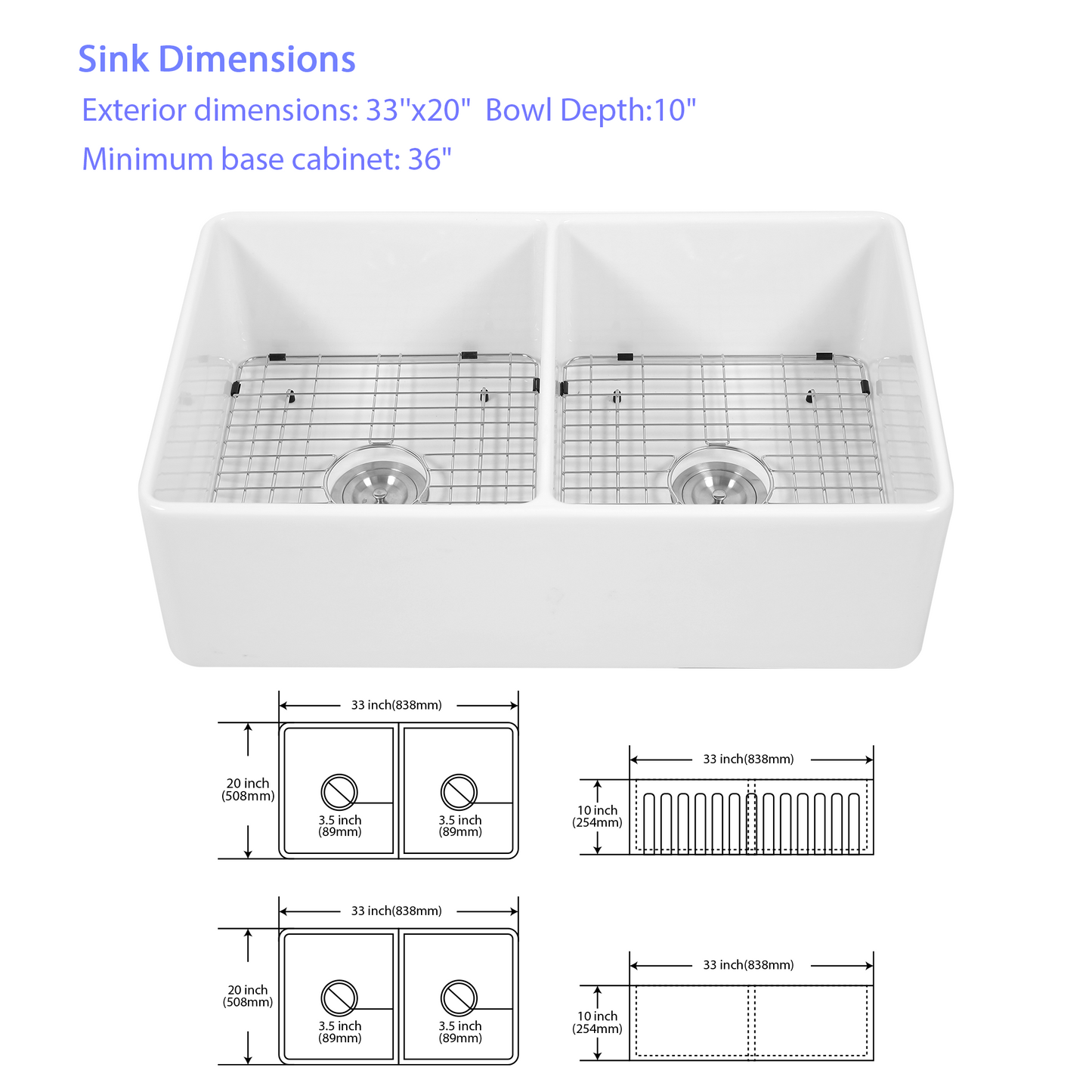 33 Double Bowl White Ceramic Farmhouse Kitchen Sink with Stainless Steel Accessories