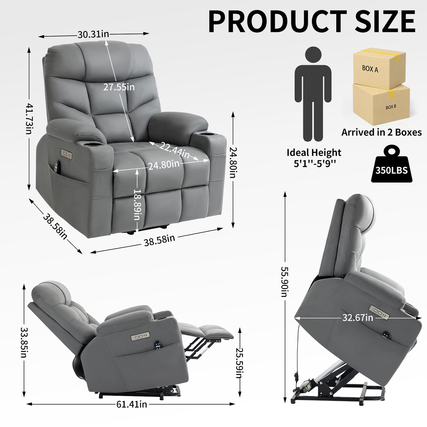 Grey Lift Recliner Chair with Massage, Heat, USB Ports, and Lumbar Support