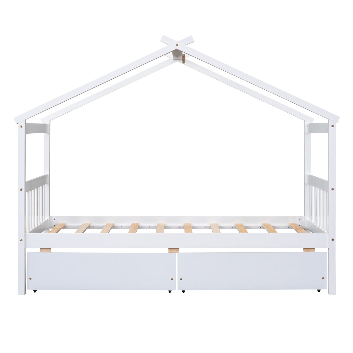 Twin Size Wooden House Bed with Drawers, White