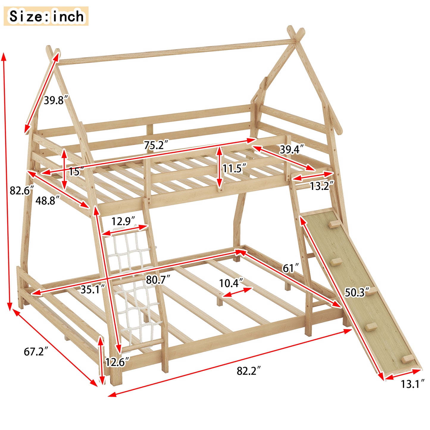 House Bunk Bed with Climbing Nets and Climbing Ramp for Twin and Queen Size, Natural