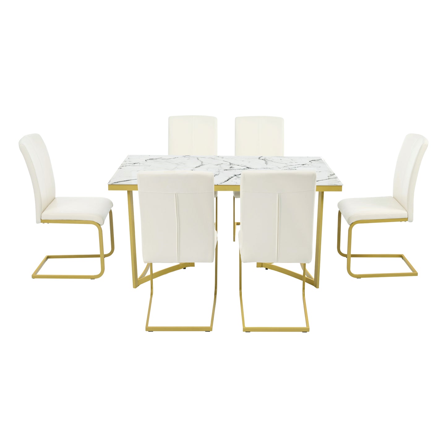 TREXM 7-Piece Modern Dining Table Set, Rectangular Marble Sticker Table and 6 PU Leather Chairs with Golden Steel Pipe Legs for Dining Room and Kitchen (White)