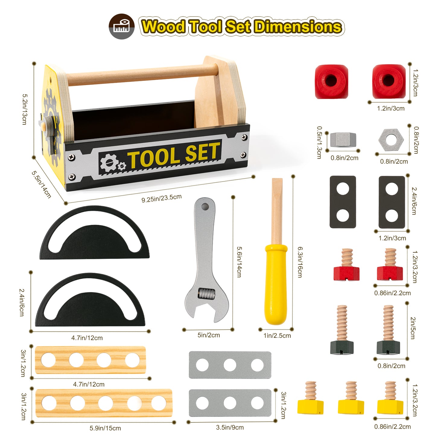 Kids Wooden Toy Toolbox with Building Blocks and Play Tools