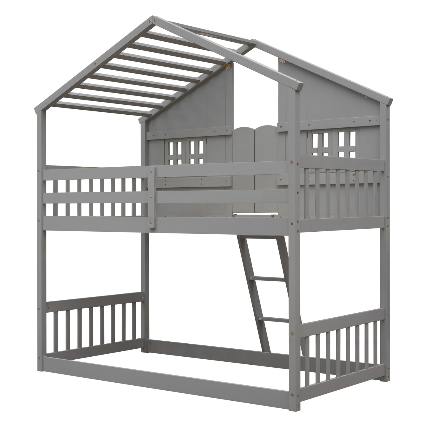 Imaginative Grey Twin House Bunk Bed with Woodland Charm