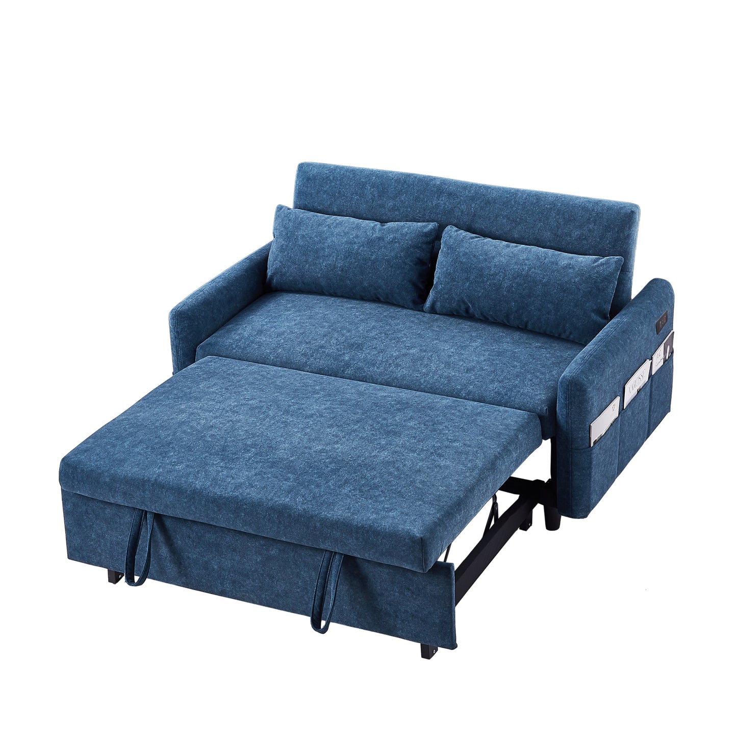 55.1 Blue Pull Out Sleeper Loveseat Sofa Bed with Adjustable Backrest and USB Ports