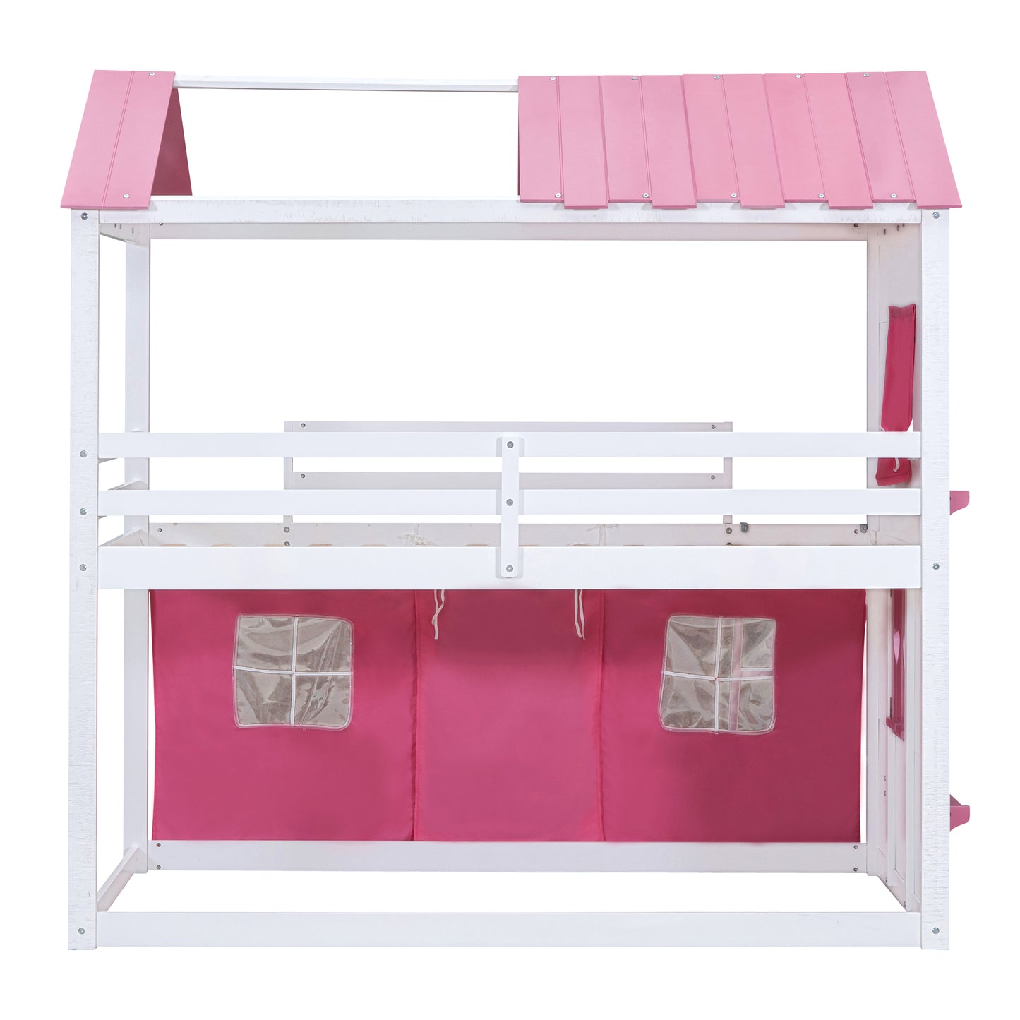 Twin Size Bunk Wood House Bed with Elegant Windows, Sills and Tent, Pink+White