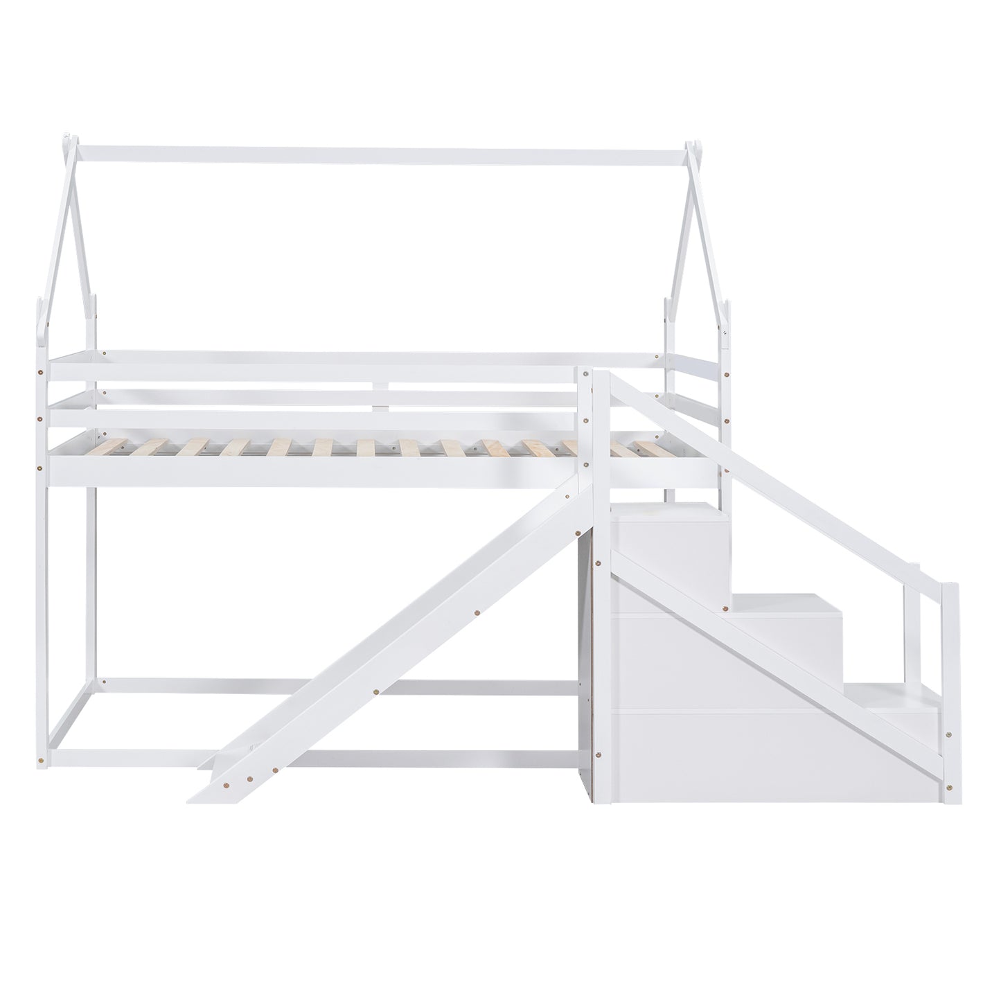 White Twin over Twin House Loft Bunk Bed with Slide, Staircase, Storage, and Play Area