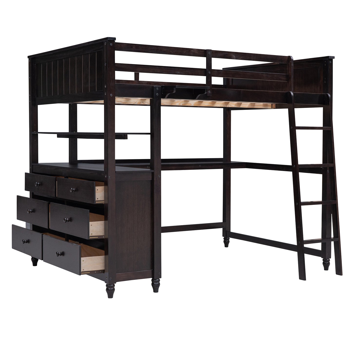 Full size Loft Bed with Drawers and Desk, Wooden Loft Bed with Shelves - Espresso