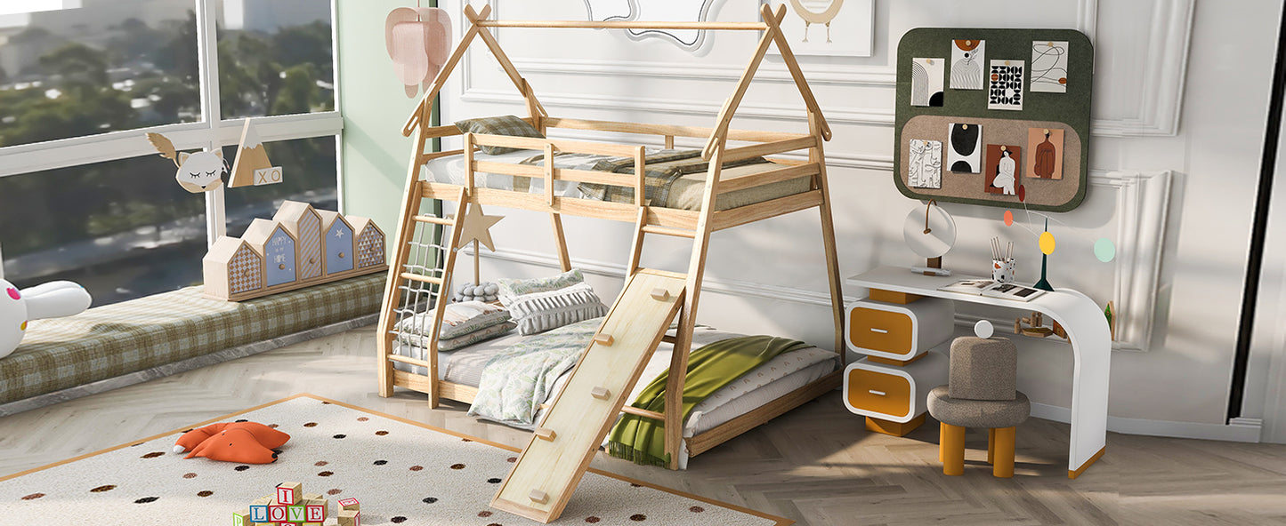 House Bunk Bed with Climbing Nets and Climbing Ramp for Twin and Queen Size, Natural