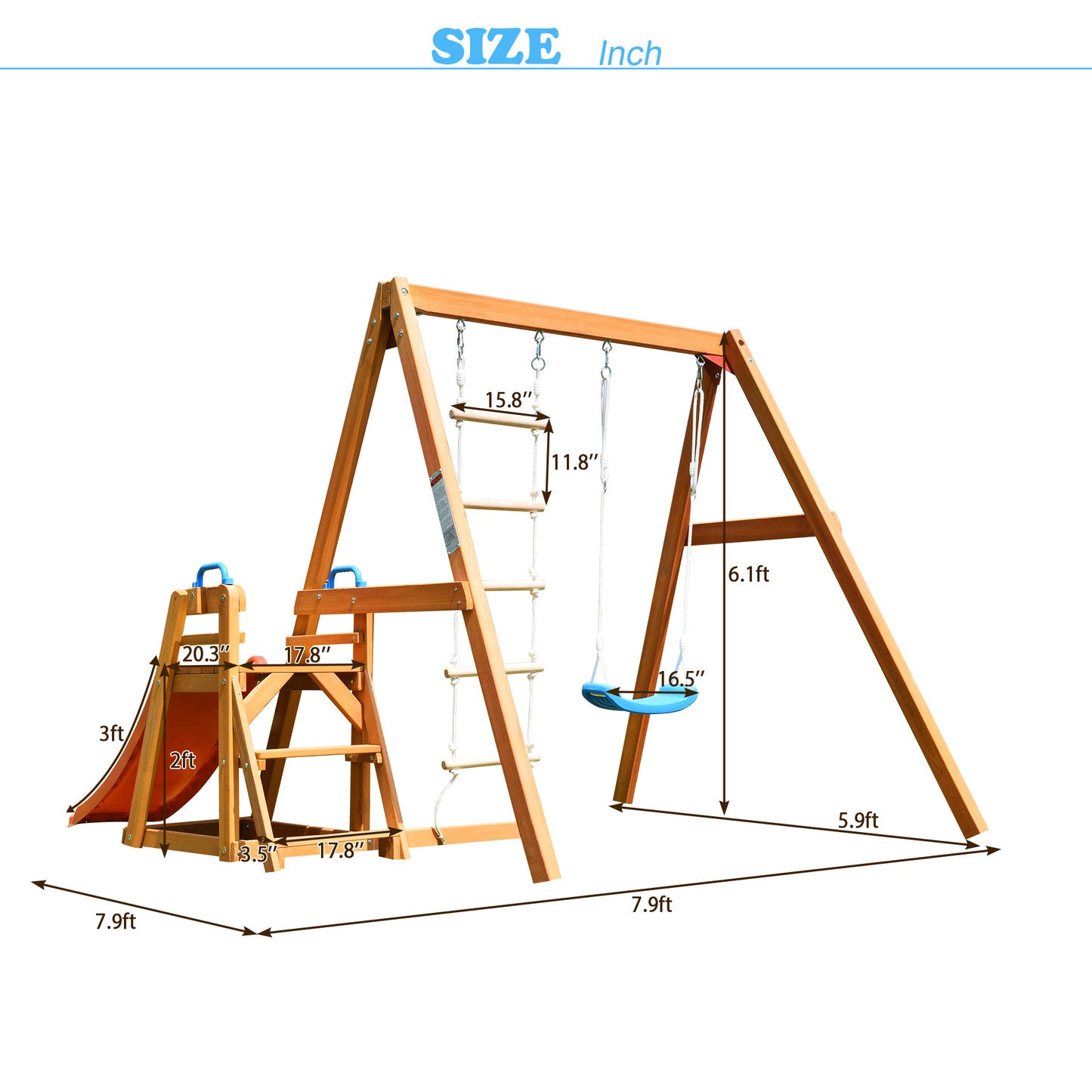 Wooden Outdoor Swing Set with Slide, Climbing Rope Ladder, and Swing for Kids