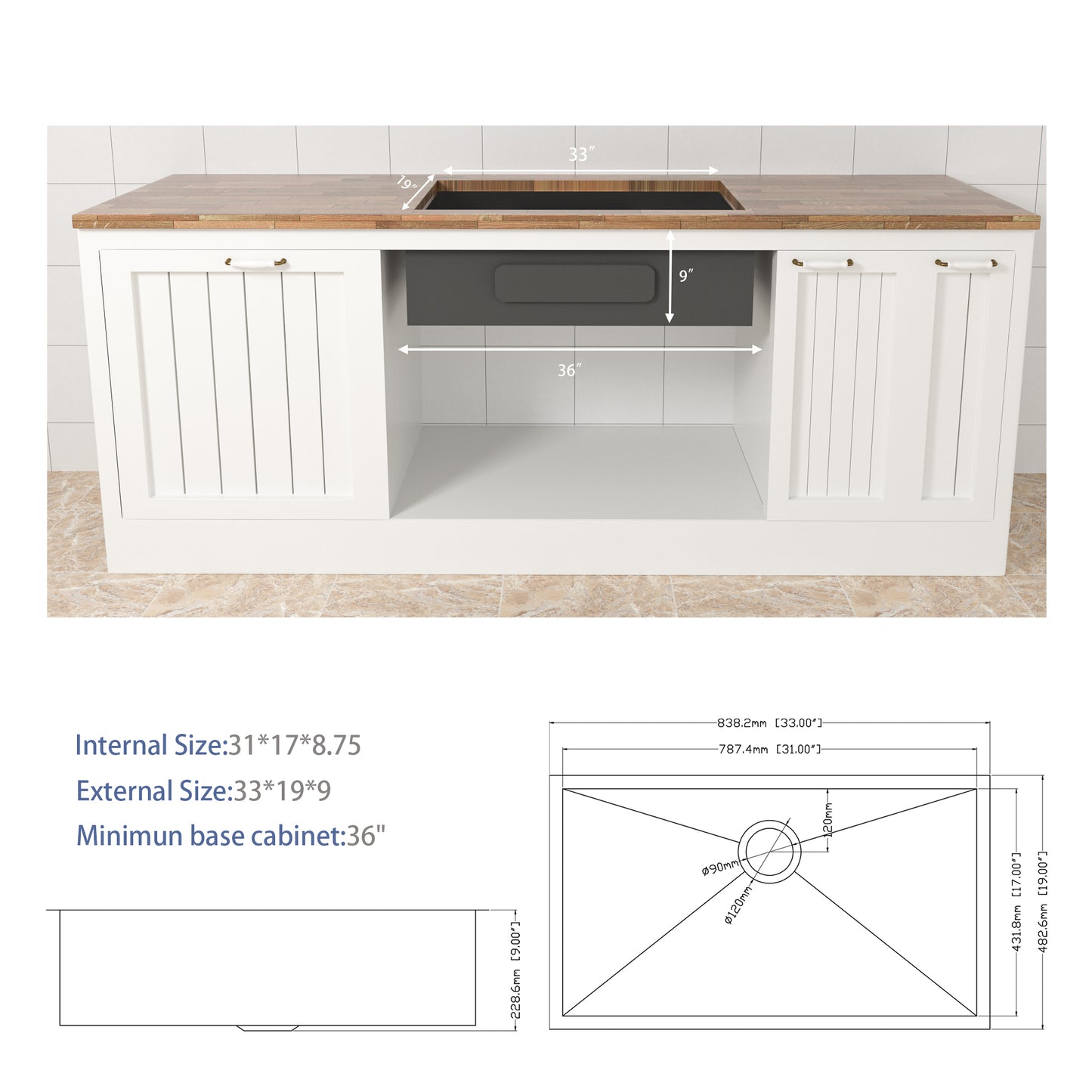 Stainless Steel 33 Inch Undermount Single Bowl Kitchen Sink