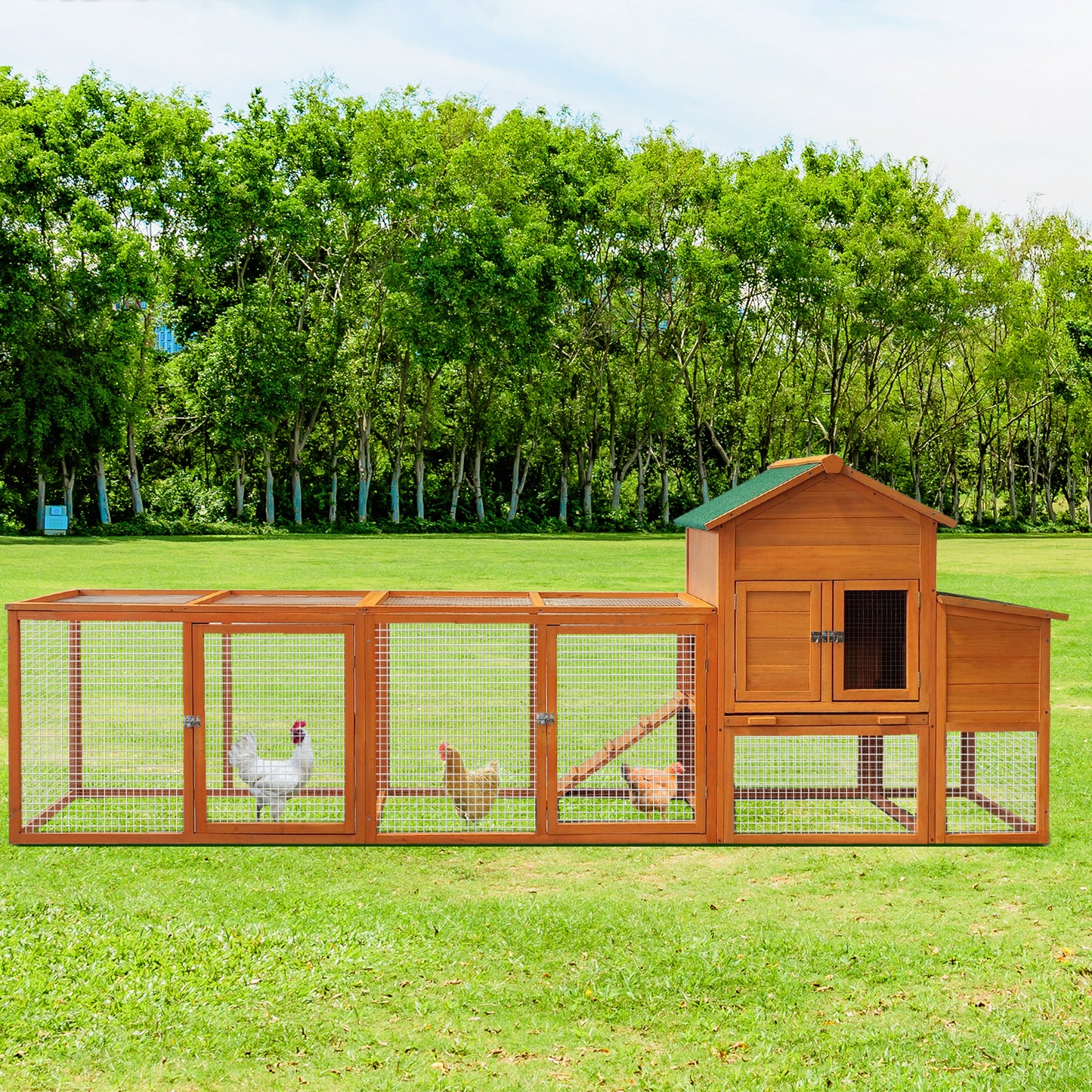 121” Large outdoor Wooden Chicken Coop, Hen House with Nest Box ,Wire Fence Poultry Cage