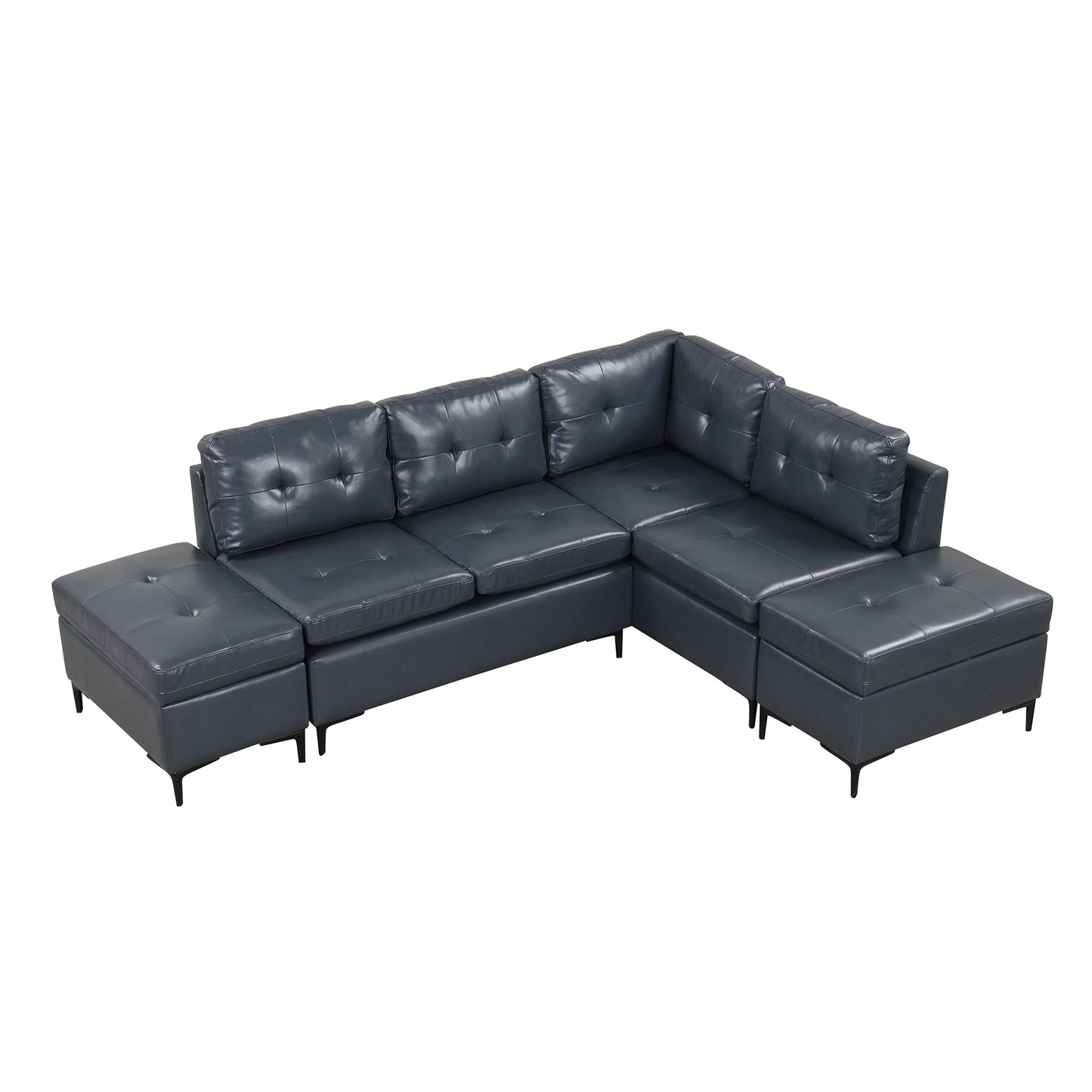 Blue L-Shaped Sectional Sofa Set with Movable Storage Ottomans