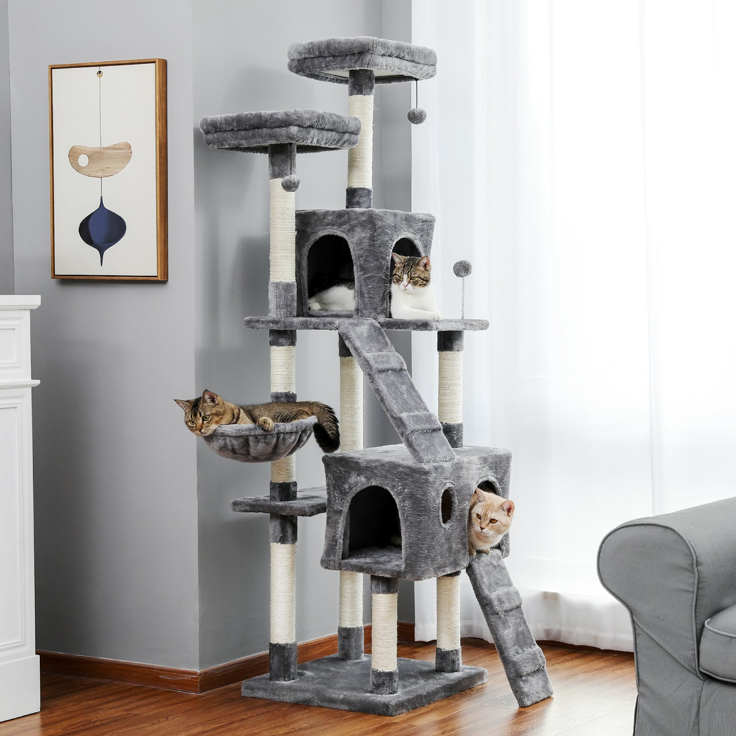 Cat Tree 69 Inches Cat Tower with 2 Condos and 2 Perches, Kitty Climber Tower Furniture, Upgraded Version Grey