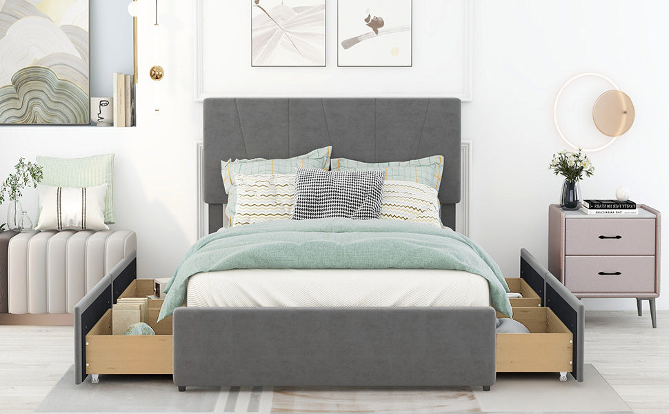 Full Size Upholstery Platform Bed with Four Drawers on Two Sides, Adjustable Headboard, Grey(: WF291773EAA)