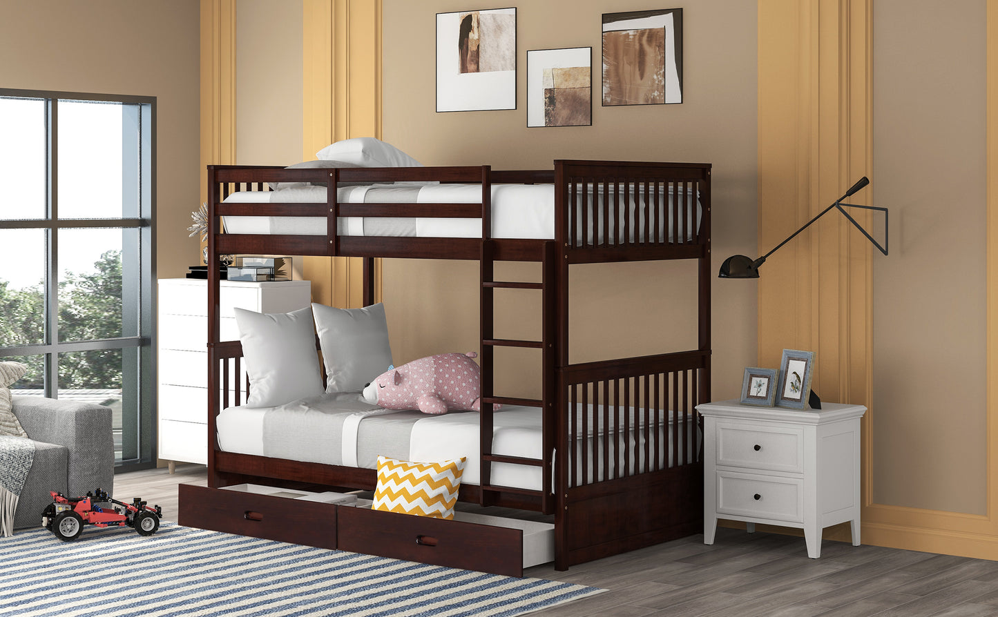 Twin Bunk Bed with Storage Drawers and Ladders in Espresso - Space-Efficient Solution