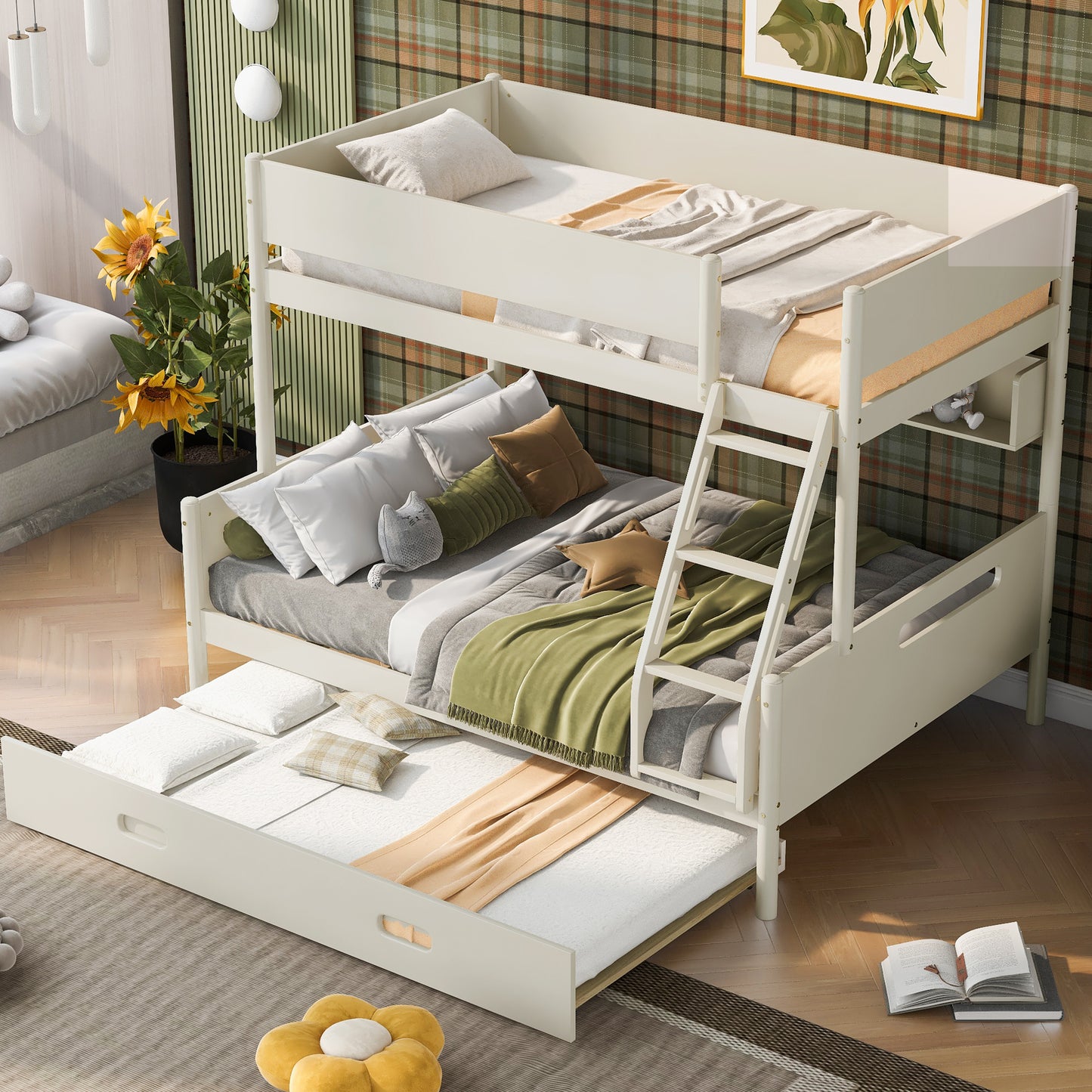 Cream Bunk Bed with Storage Shelves, Twin Trundle, and Solid Pine Construction