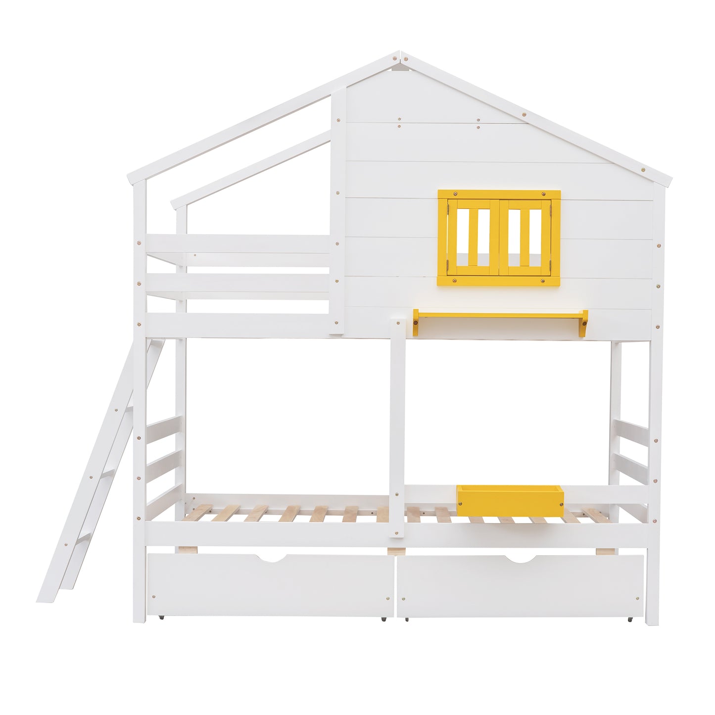 White Playhouse-Inspired Twin Bunk Bed with Storage and Roof