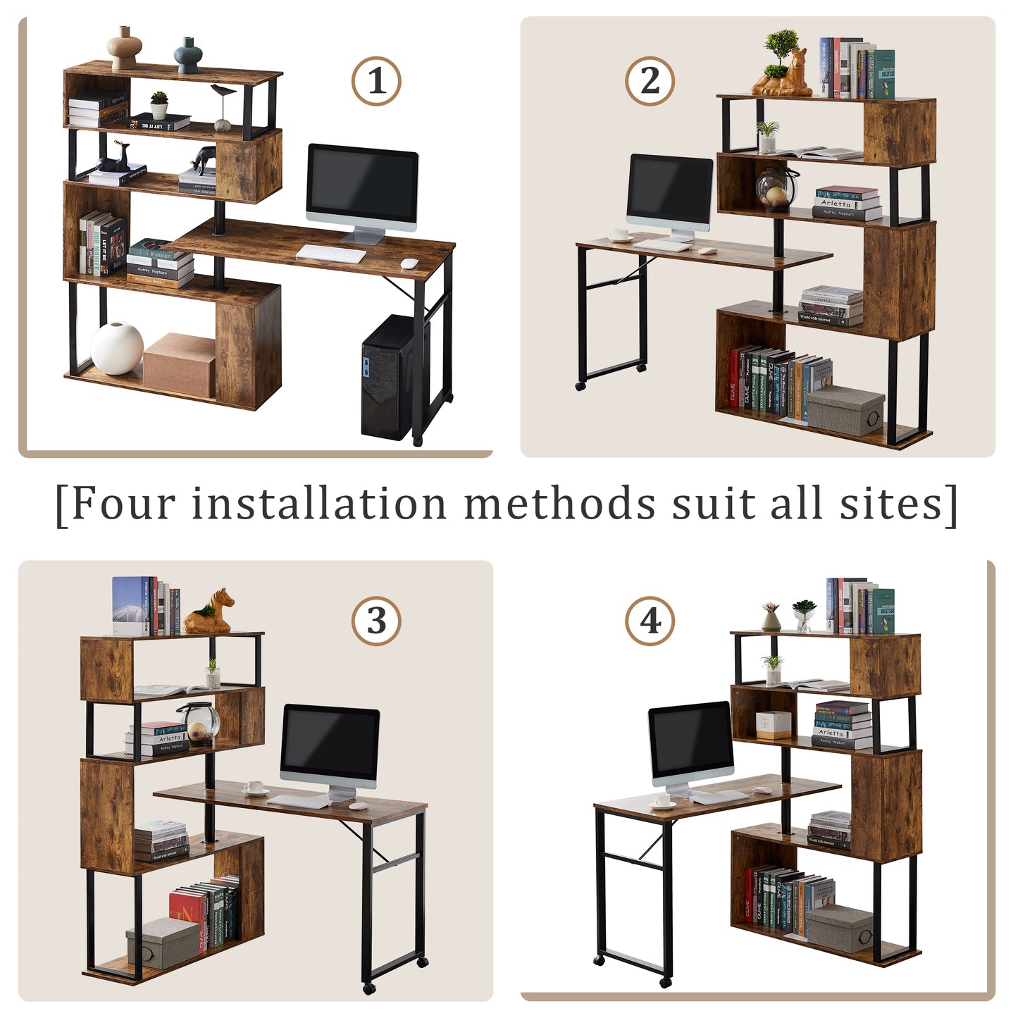 Modern L-Shaped Computer Desk with Rotating Bookshelf - Brown Tiger Wood