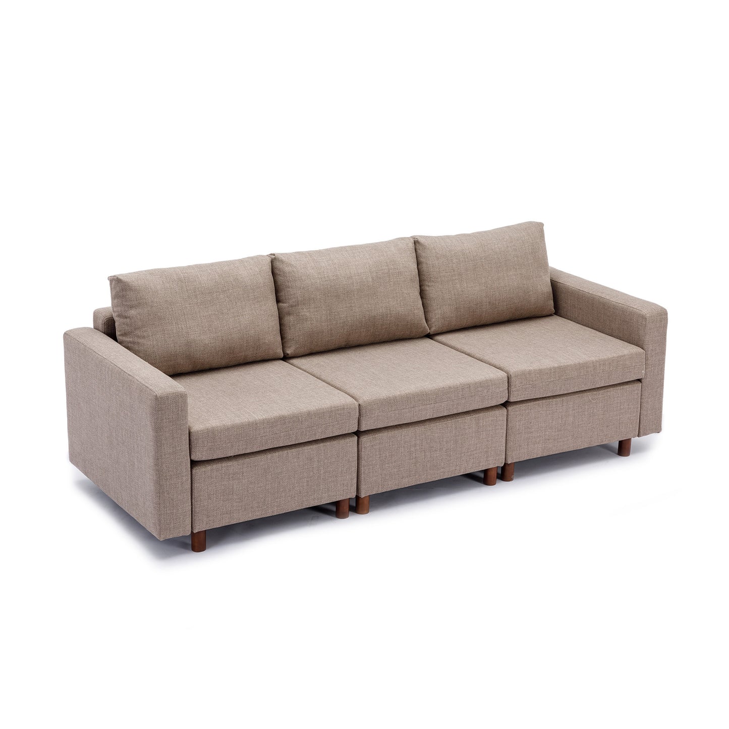 Brown Linen Sectional Sofa with Ottoman Set for Living Room, Non-Removable Seat and Back Cushions, Modern Design