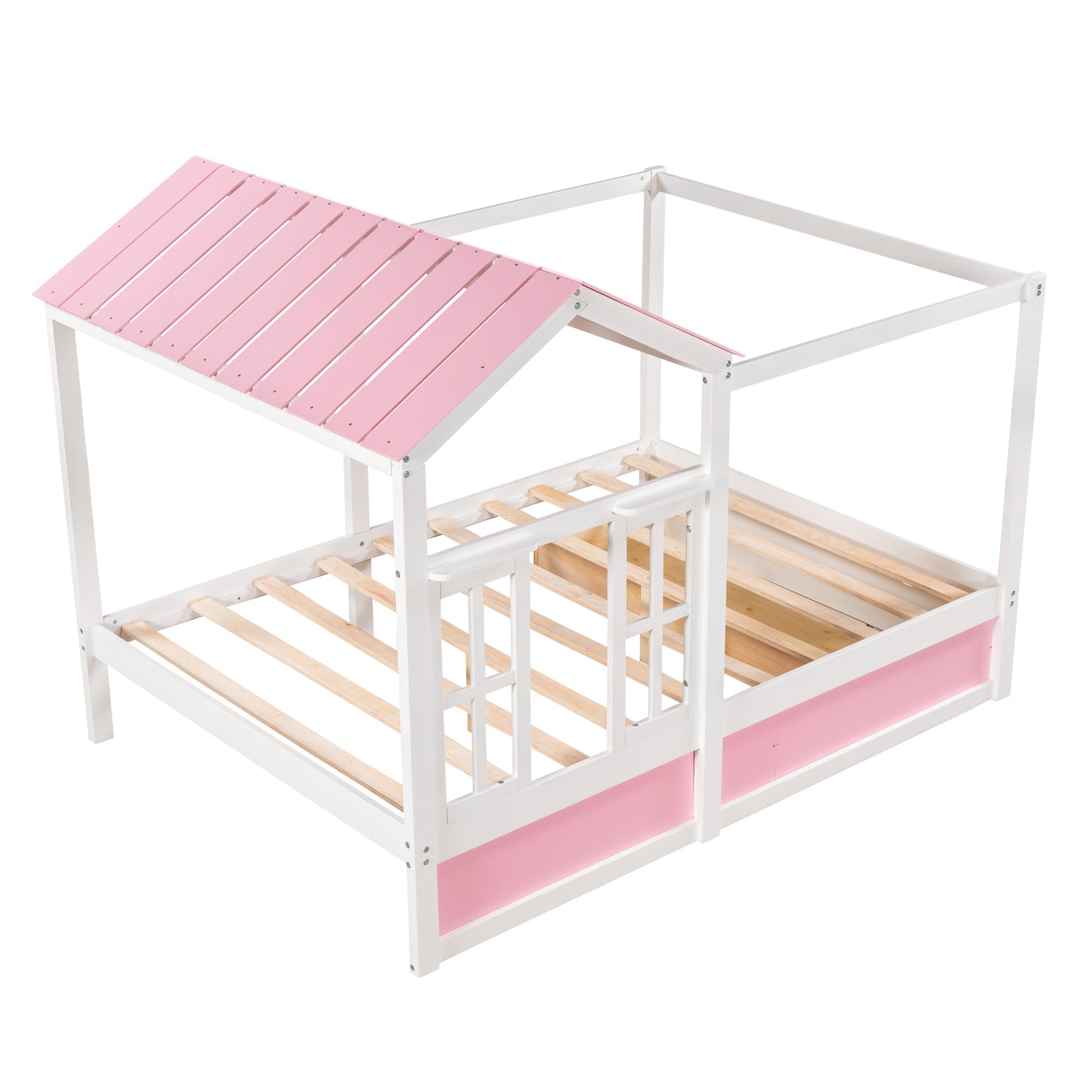 Full Size House Bed with Roof, Window and Drawer - Pink + White