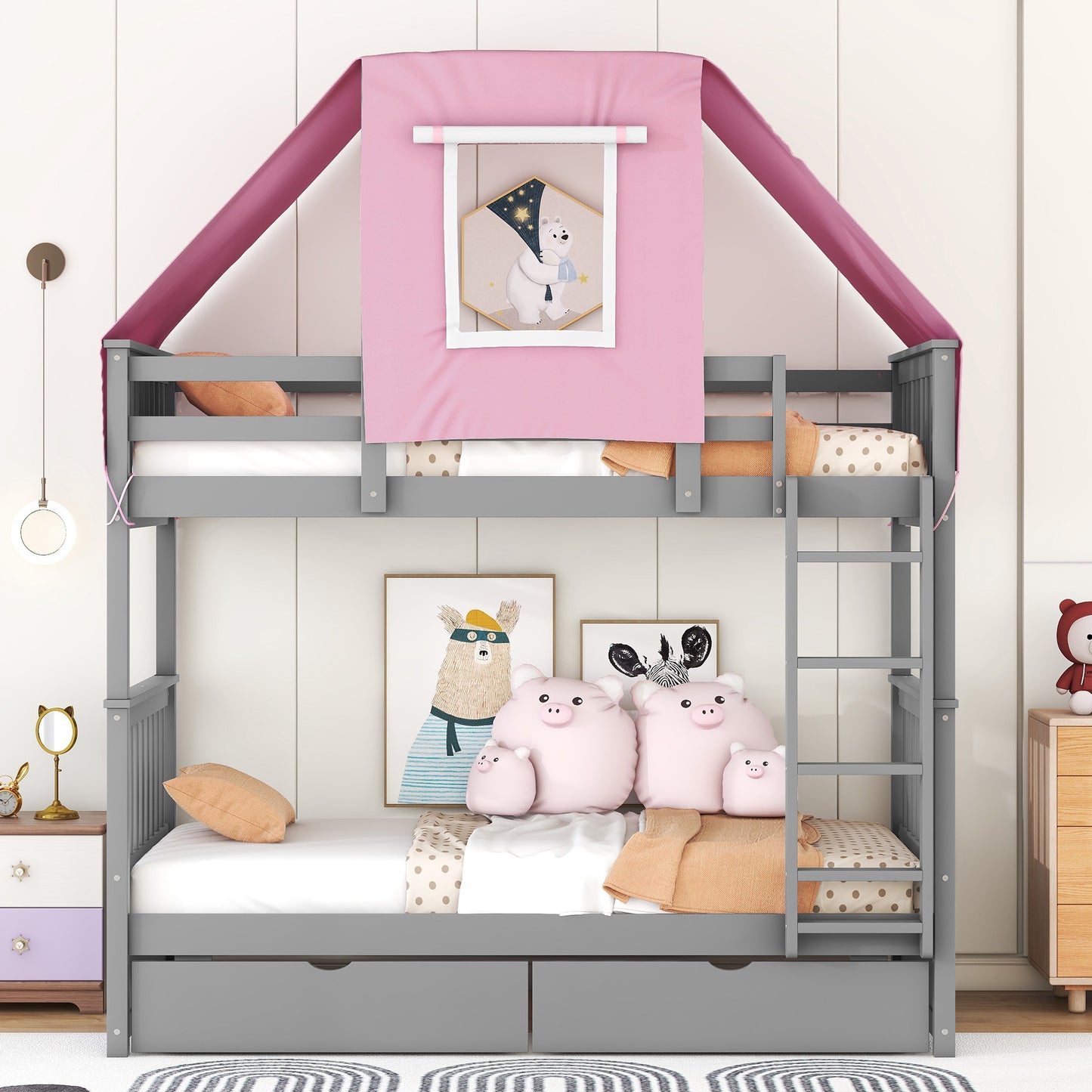 Gray and Pink Twin Over Twin Bunk Bed with Tent and Drawers for a Playful Bedroom Environment