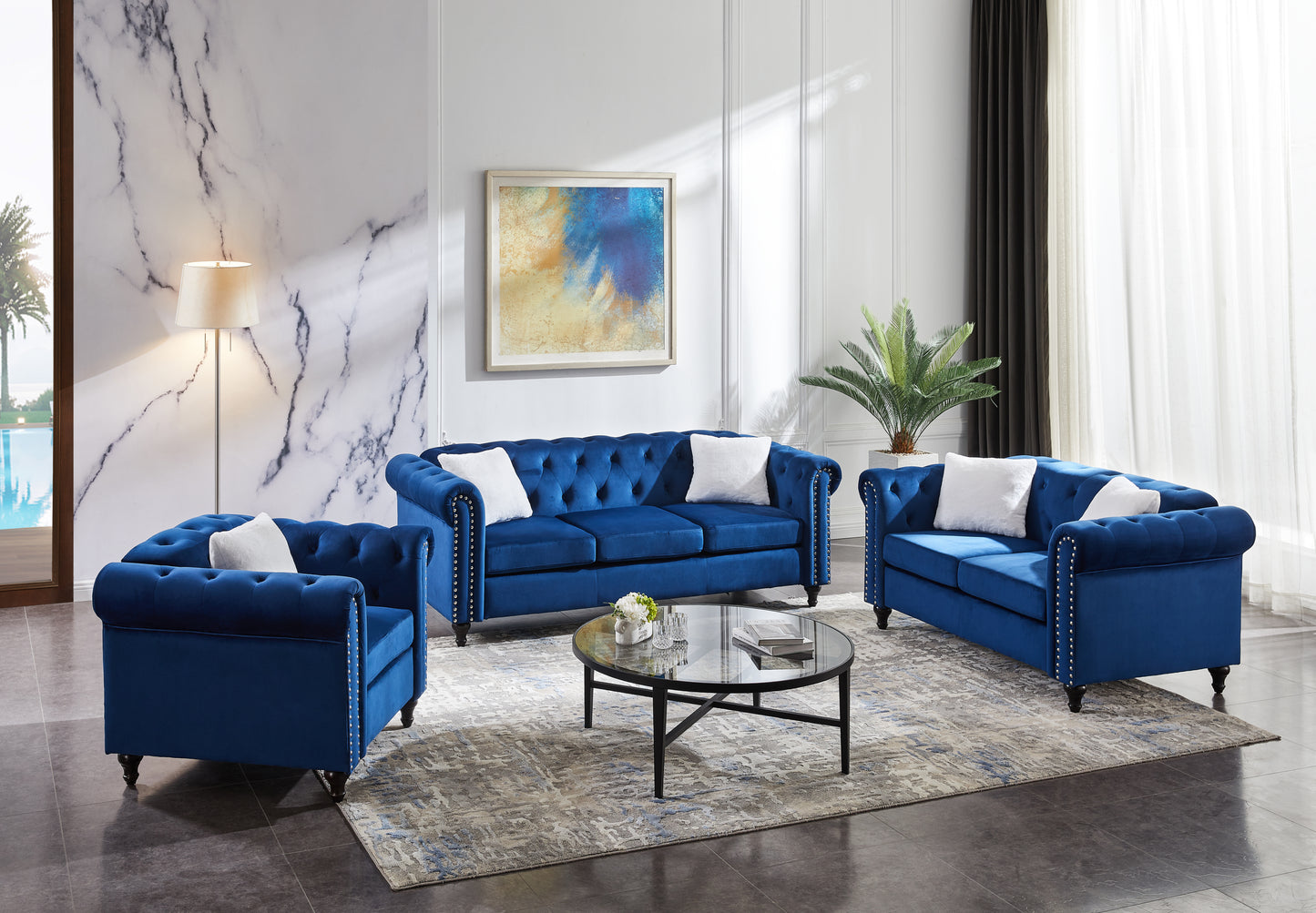 Blue Velvet 3 Piece Living Room Sofa Set with Button Tufting and Copper Nail Accents