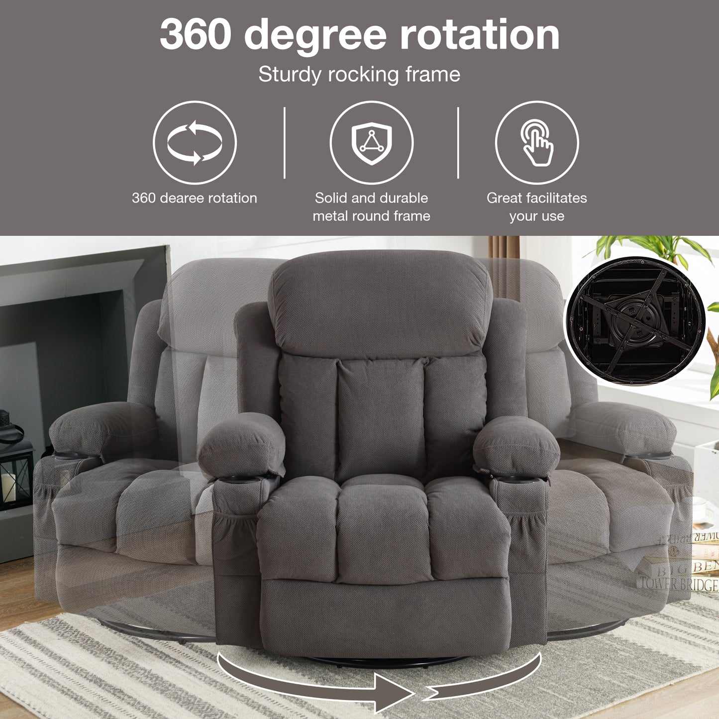 Swinging Recliner Massage Heated Sofa with USB and Cup Holders in Luxurious Grey Velvet