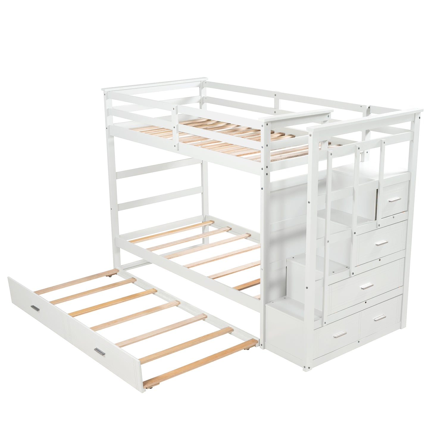 White Solid Wood Twin Bunk Bed with Trundle and Staircase