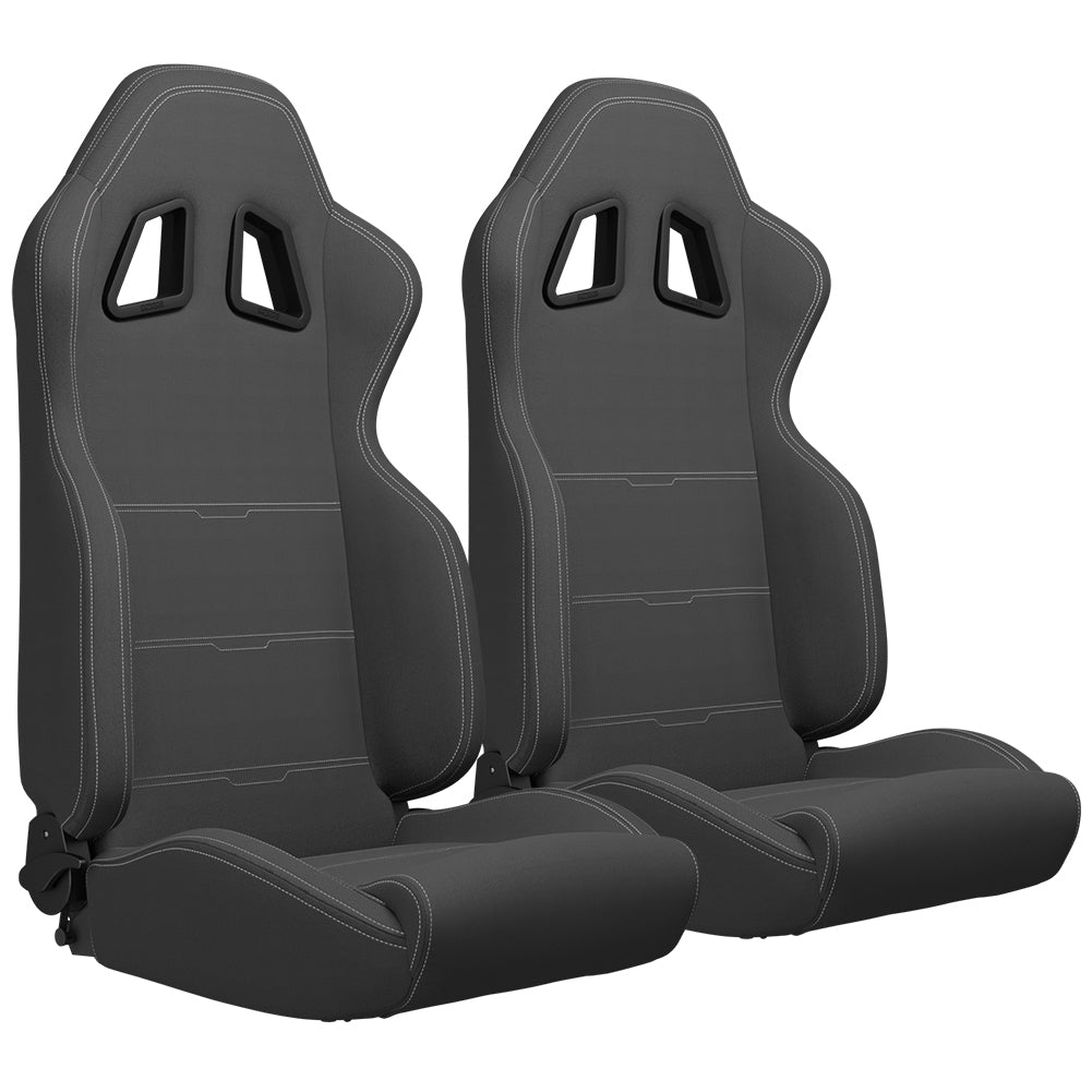 Sporty Reclinable Racing Seats - Pair of White Stripe Fabric Seats