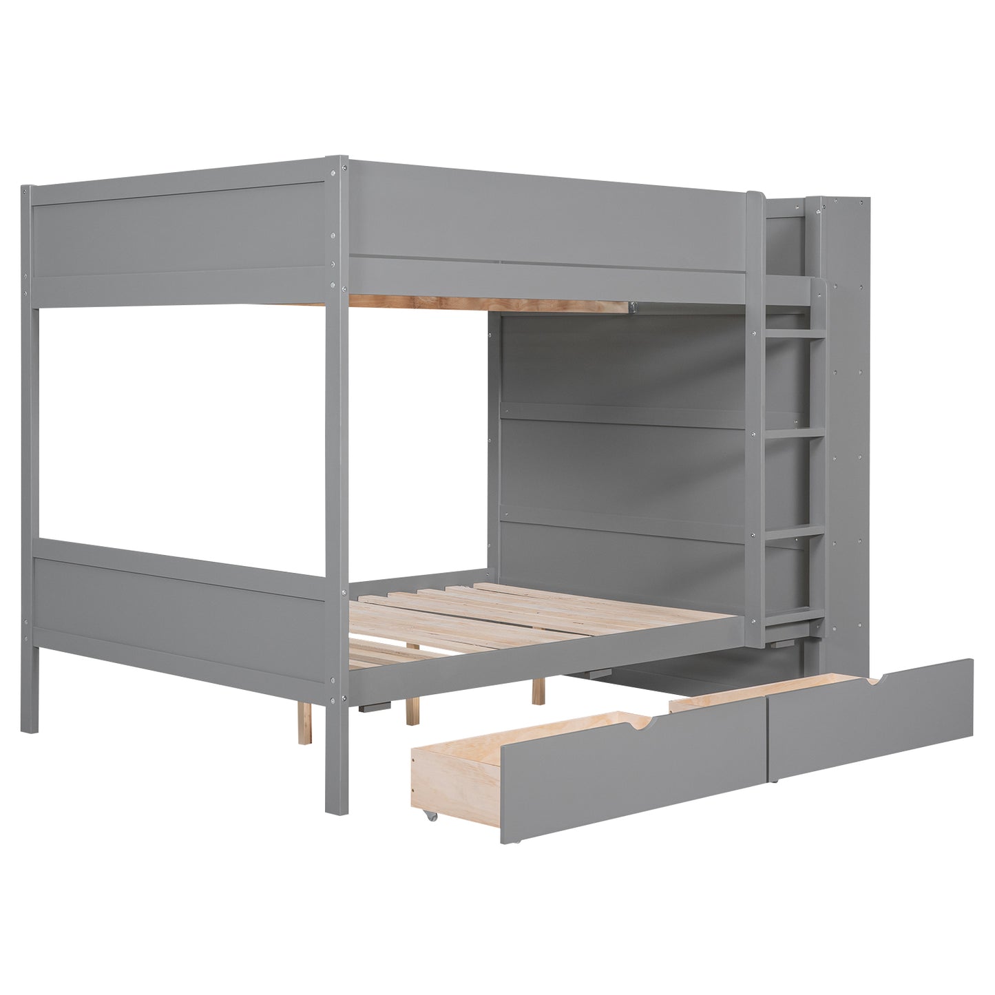 Gray Full over Full Bunk Bed with Storage Drawers and Cabinet for Kids