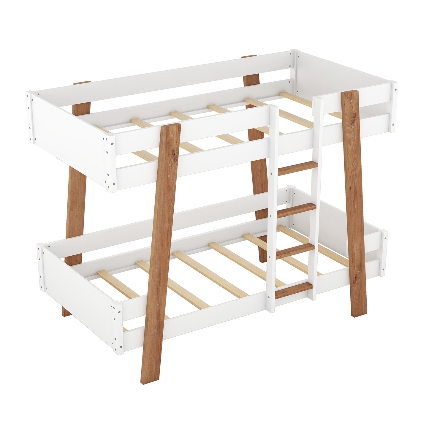 Rustic White Twin Size Bunk Bed with Wooden Columns and Attached Ladder