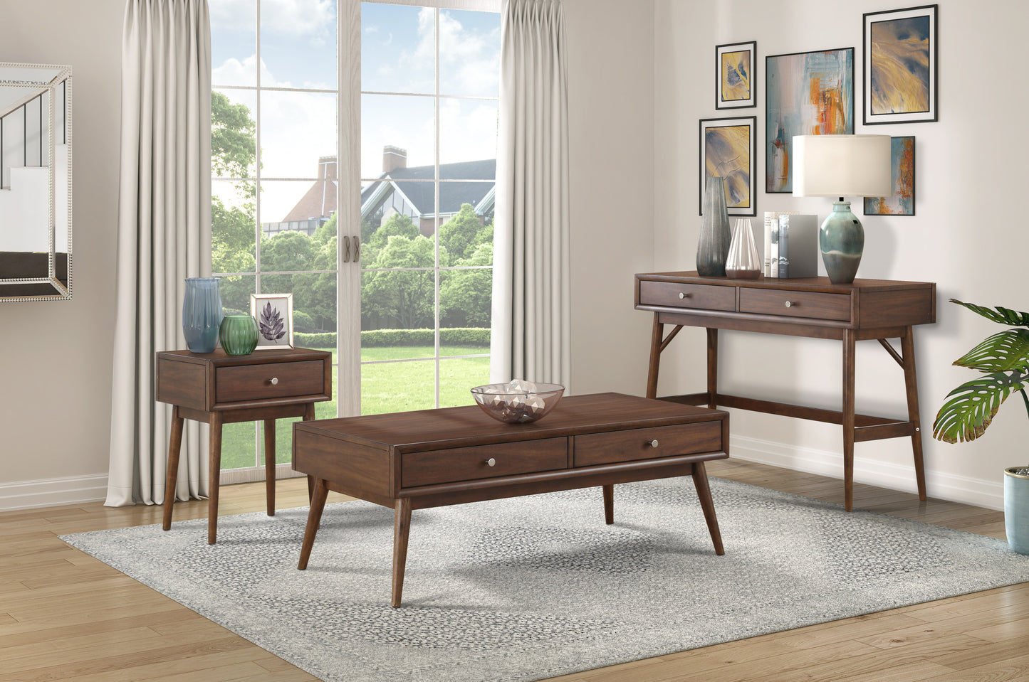 Retro Modern Style Coffee Table with Drawers in Brown Finish Furniture