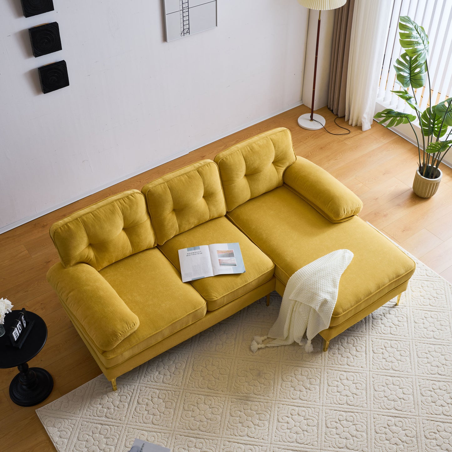 Modern Yellow Velvet L-Shaped Sectional Sofa for Living Room or Bedroom