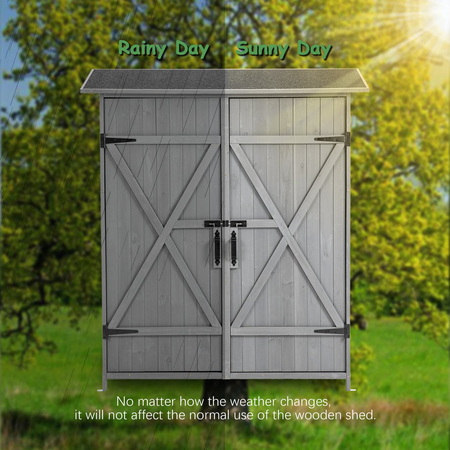 56"L x 19.5"W x 64"H Outdoor Storage Shed with Lockable Door, Wooden Tool Storage Shed w/Detachable Shelves & Pitch Roof,Gray